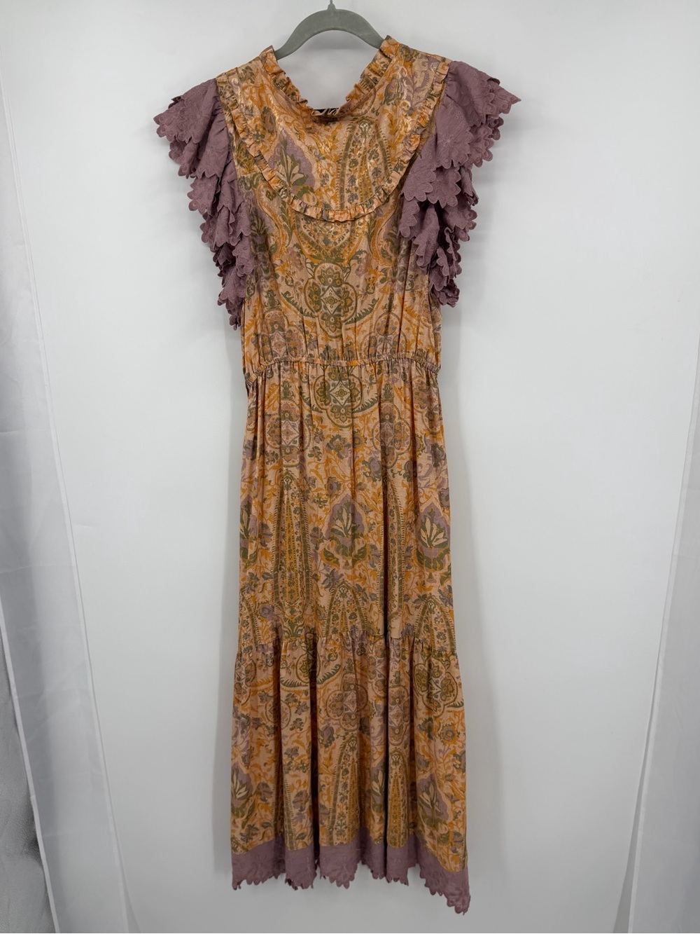 Anthro x Ollari Boho Paisley Maxi Dress Lace Flutter Sleeve Tiered Midi - Picture 3 of 6
